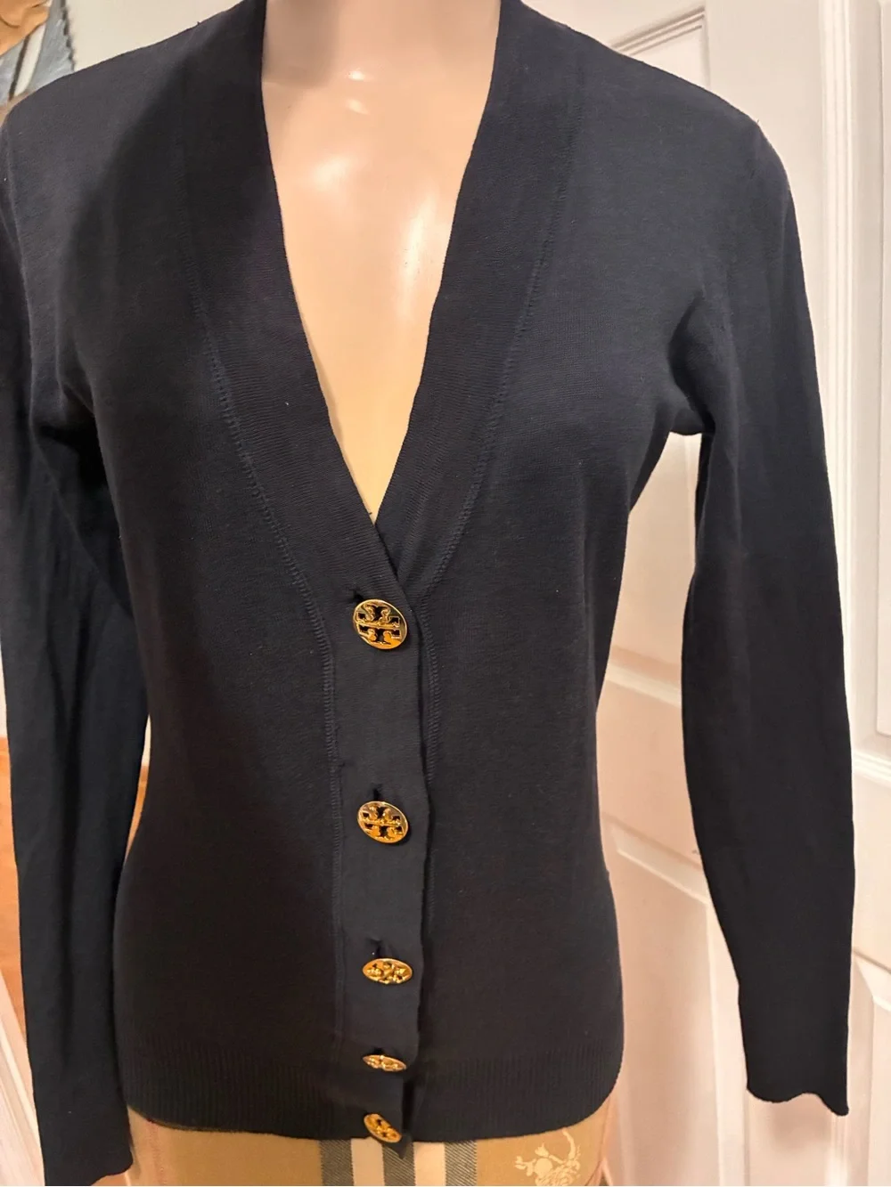 Tory Burch Navy Button-Front V-Neck Cardigan with Logo Buttons